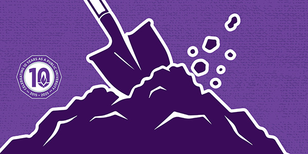 Illustration of a shovel digging into a mound of dirt against a purple background.